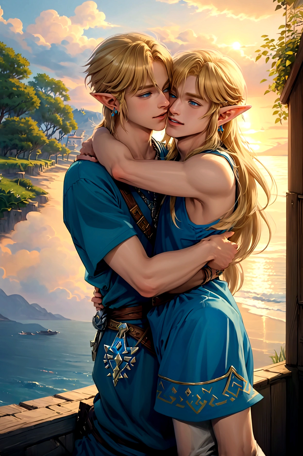 ((artwork)), (Highest quality), (detailed), ((1 boy)), (Link to the Legend of Zelda), smile, A short blond, blue-eyed boy and a long-haired, blond girl are hugging each other、Seaside Village、Beautiful sky、Sunset、kiss
