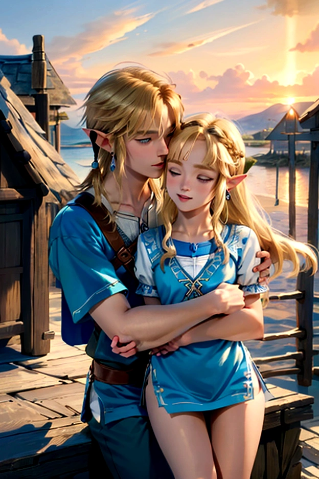 ((artwork)), (Highest quality), (detailed), ((1 boy)), (Link to the Legend of Zelda), smile, A short blond, blue-eyed boy and a long-haired, blond girl are hugging each other、Seaside Village、Beautiful sky、Sunset、kiss
