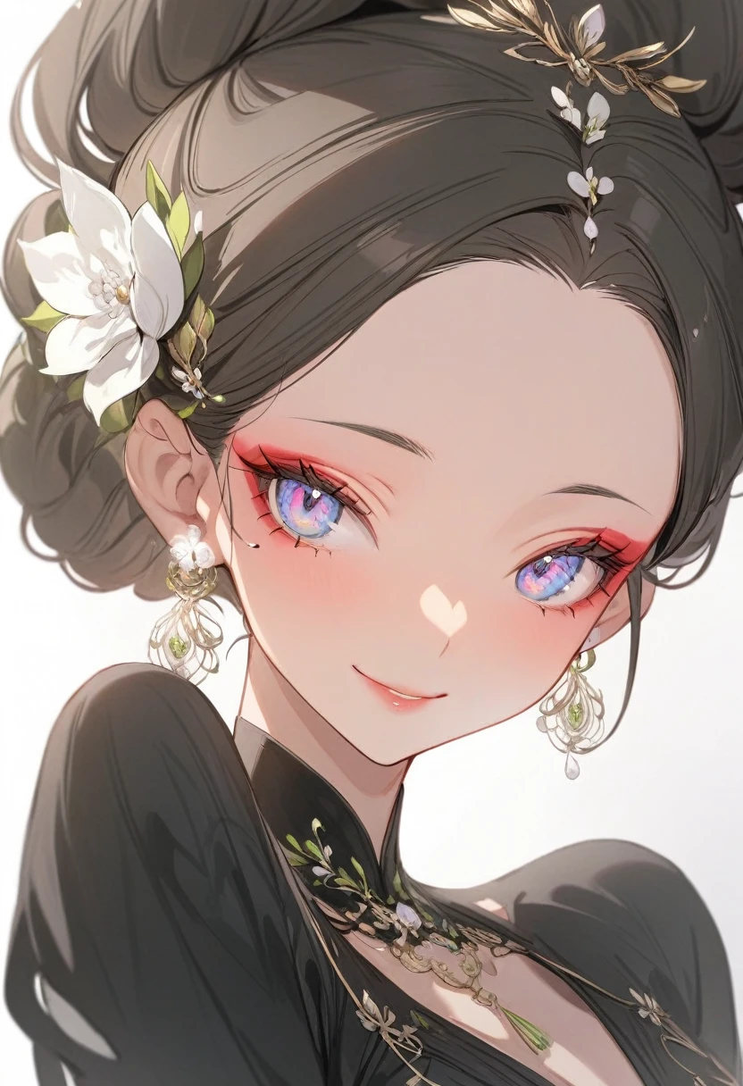 ( best quality:1.2), 1 Girl, forehead,Solitary, Skin details, Beautiful facial features, Exquisite makeup, Exquisite eyes, Eye details, smile,black dress