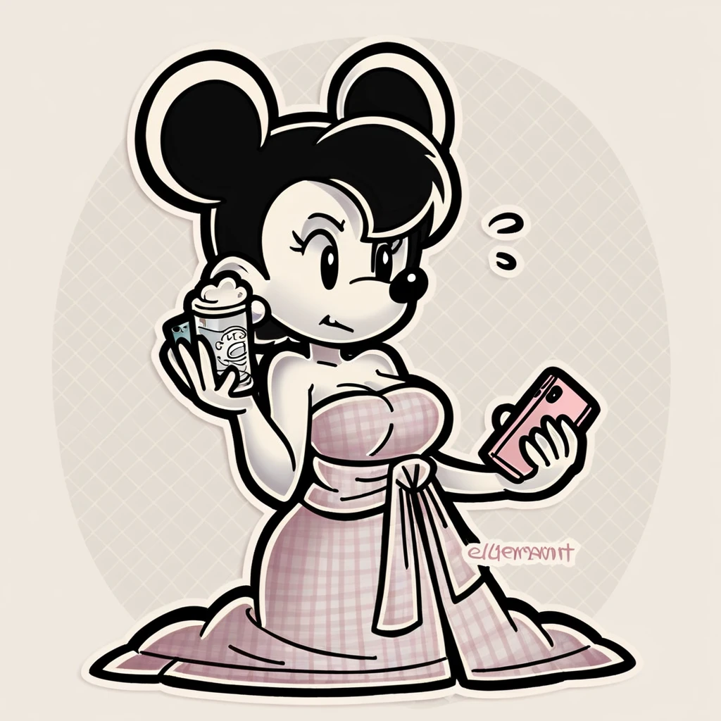 (score_9, score_8_up), Minnie Mouse, wrapped in towel, medium breasts, holding phone