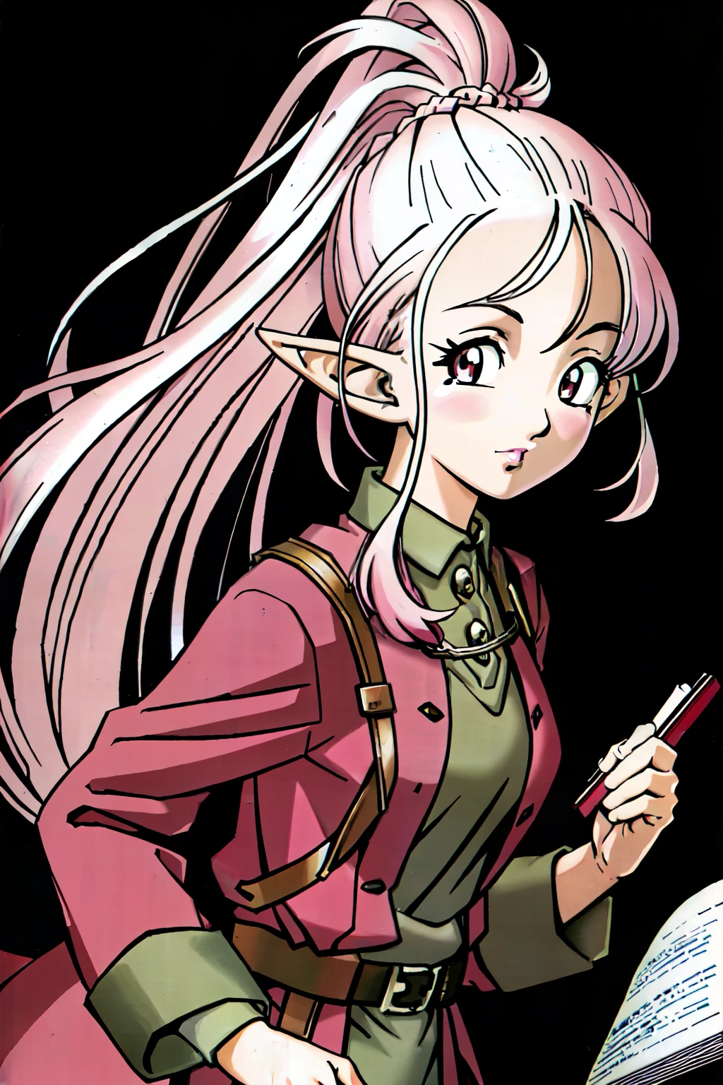 (extremely detailed CG unity 4k wallpaper),(masterpiece),(ultra quality),(ultra-detailed),(best illustration),(best shadow),(absurdres),(detailed background), 1girl, mature lady, adult, holding notepad, solo, hair in a loose braid, white hair, red eyes, elf ears, long sleeves, ponytail, holding, (pink skin:1.3), looking at viewer, purple lips, medium length hair