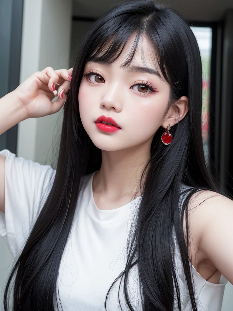 there is a woman with long black hair and a red lipstick, blackpink jennie, ulzzang, pale round face, Jaeyeon nam, asian face, young cute wan aslan face, korean girl, heonhwa choe, with r ound face, headshot profile picture, 8k selfie photograph, faint red lips, south east asian with round face, shikamimi