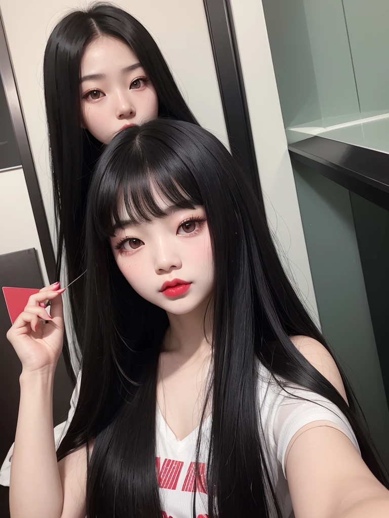 there is a woman with long black hair and a red lipstick, blackpink jennie, ulzzang, pale round face, Jaeyeon nam, asian face, young cute wan aslan face, korean girl, heonhwa choe, with r ound face, headshot profile picture, 8k selfie photograph, faint red lips, south east asian with round face, shikamimi