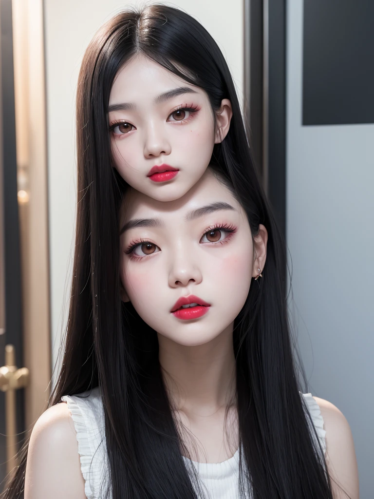 there is a woman with long black hair and a red lipstick, blackpink jennie, ulzzang, pale round face, Jaeyeon nam, asian face, young cute wan aslan face, korean girl, heonhwa choe, with r ound face, headshot profile picture, 8k selfie photograph, faint red lips, south east asian with round face, shikamimi