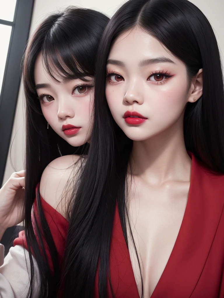 there is a woman with long black hair and a red lipstick, blackpink jennie, ulzzang, pale round face, Jaeyeon nam, asian face, young cute wan aslan face, korean girl, heonhwa choe, with r ound face, headshot profile picture, 8k selfie photograph, faint red lips, south east asian with round face, shikamimi