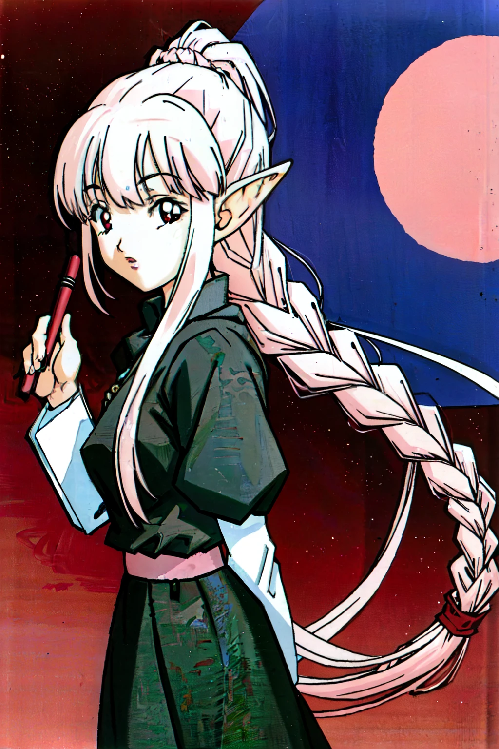(extremely detailed CG unity 4k wallpaper),(masterpiece),(ultra quality),(ultra-detailed),(best illustration),(best shadow),(absurdres),(detailed background), 1girl, mature lady, adult, holding notepad, solo, hair in a loose braid, white hair, red eyes, elf ears, long sleeves, ponytail, holding, (pink skin:1.3), looking at viewer, purple lips, medium length hair