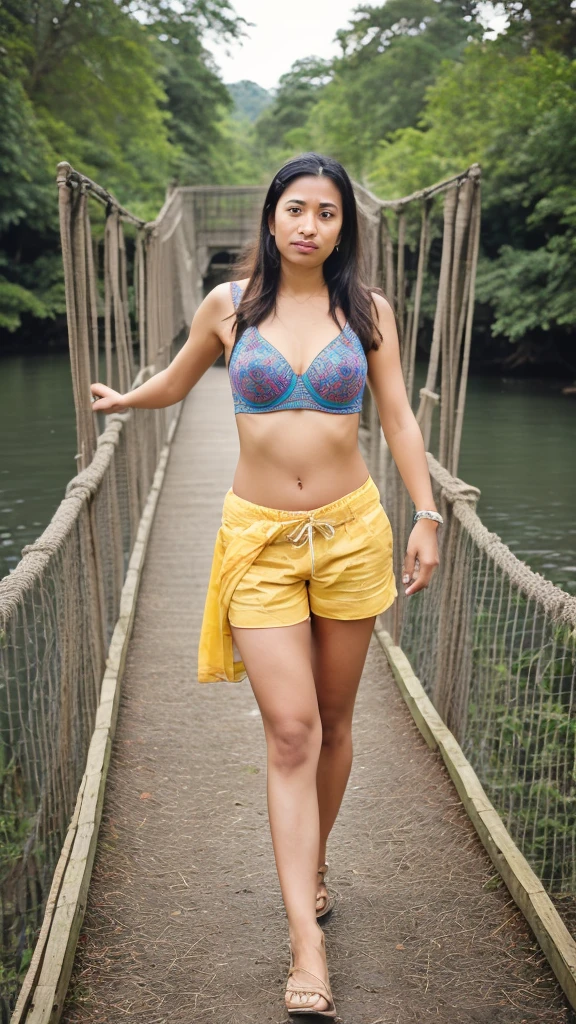  a woman padded bra and pink, yellow shorts saree, round face,fair skin, beautiful face, angle face,woman standing on a rope bridge in a forest with a river in the background, connected with hanging bridge!!, standing on a bridge, hanging bridge!!, rope bridges, suspended bridge!, blue colored traditional wear, on a bridge, assamese aesthetic, rope bridge, wearing an elegant tribal outfit, huge suspended wooden bridge, stylish pose, walking on an old wood bridge