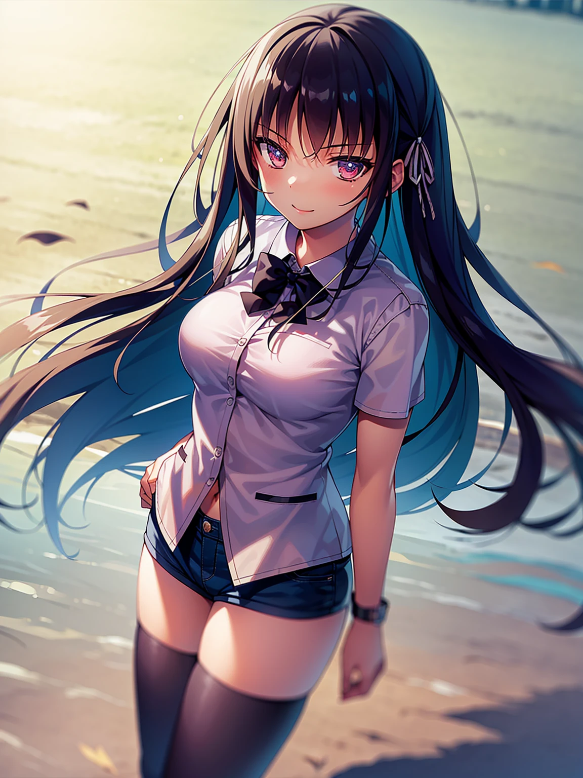 (8K, Highest quality, Highest quality, masterpiece), standing, 1girl, fullbody, solo, cowboy shot, aasuzune, long hair, black hair, hair loose in the wind, leafs in the air, (summer ambient), mini top, black thighhighs, smile, Denim short shorts, school, outdoors, large breasts, cleavage