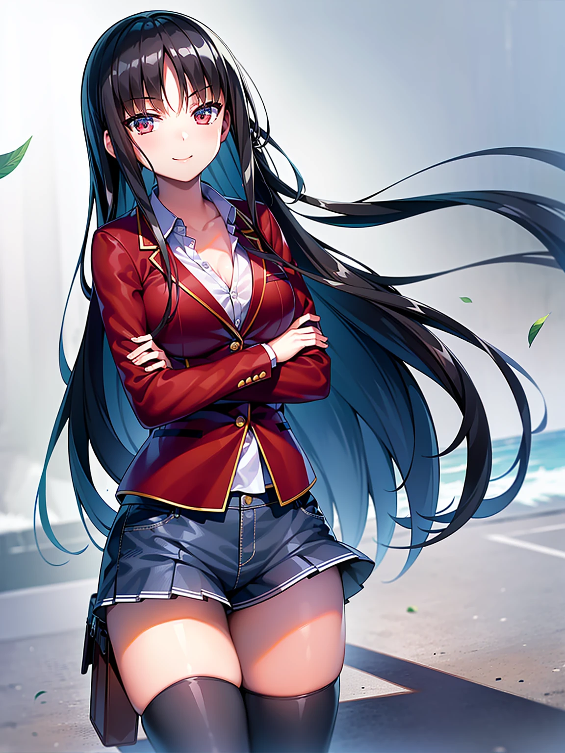 (8K, Highest quality, Highest quality, masterpiece), standing, 1girl, fullbody, solo, cowboy shot, aasuzune, long hair, black hair, hair loose in the wind, leafs in the air, (summer ambient), mini top, black thighhighs, smile, Denim short shorts, school, outdoors, large breasts, cleavage