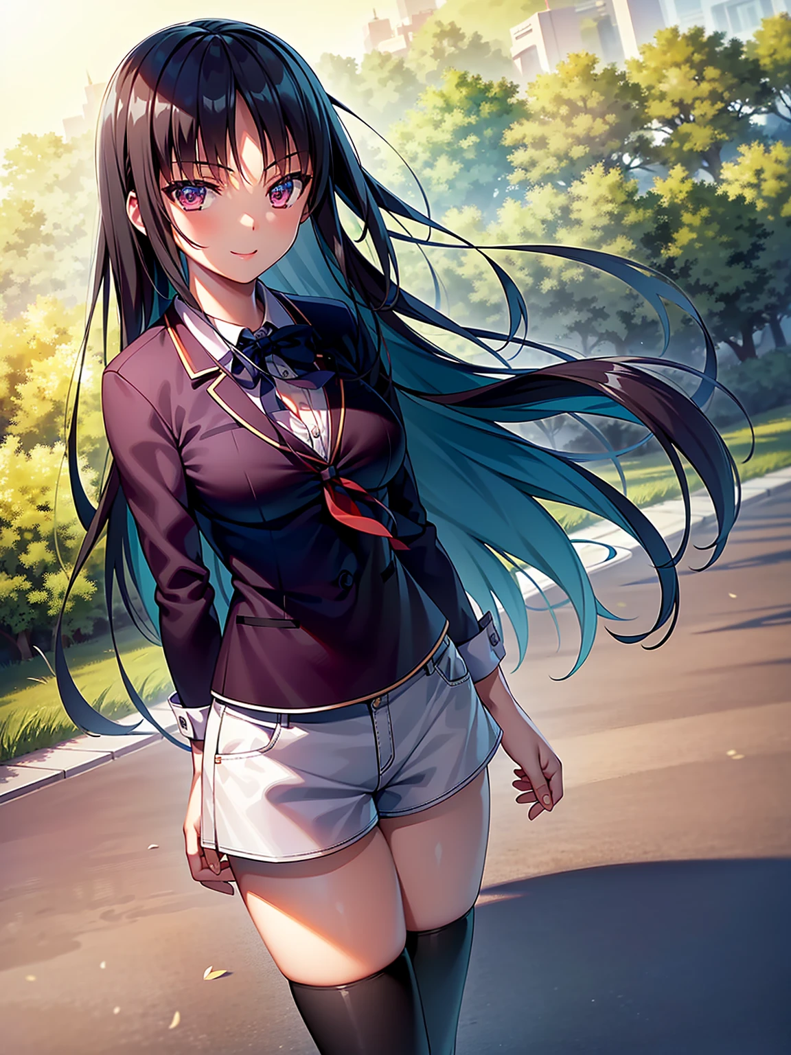 (8K, Highest quality, Highest quality, masterpiece), standing, 1girl, fullbody, solo, cowboy shot, aasuzune, long hair, black hair, hair loose in the wind, leafs in the air, (summer ambient), mini top, black thighhighs, smile, Denim short shorts, school, outdoors, large breasts, cleavage