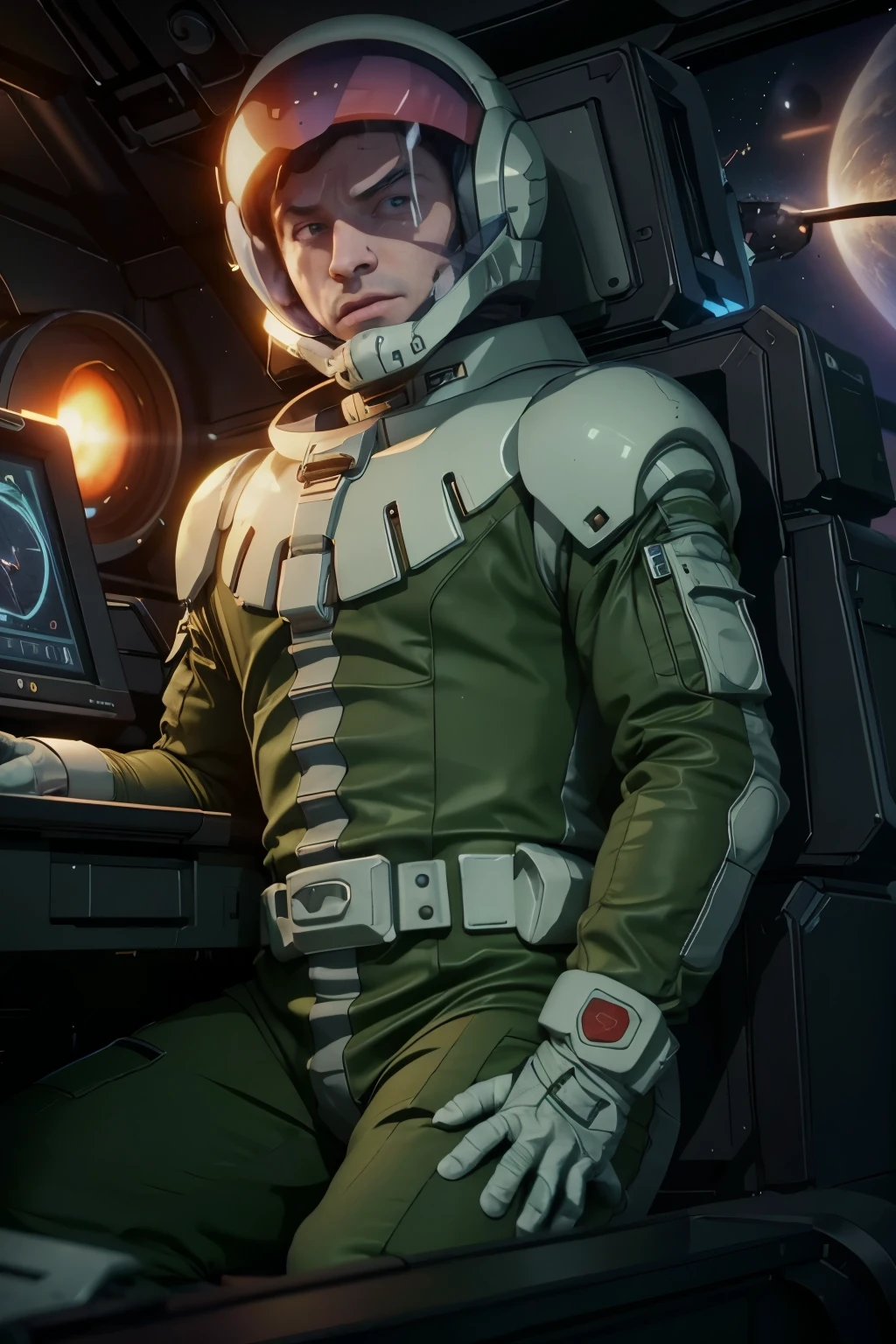 (masterpiece, best quality, illustration, unreal engine 5, official art:1.3), Rich Red color scheme, A picture of (David Bowie) as smiling Major Tom, a technocratic, omnivorous, iridescent, astronaut commander, (sitting in a starbase control room:1.2),detailed face, insanely intricate detail, absurdres, 8k
