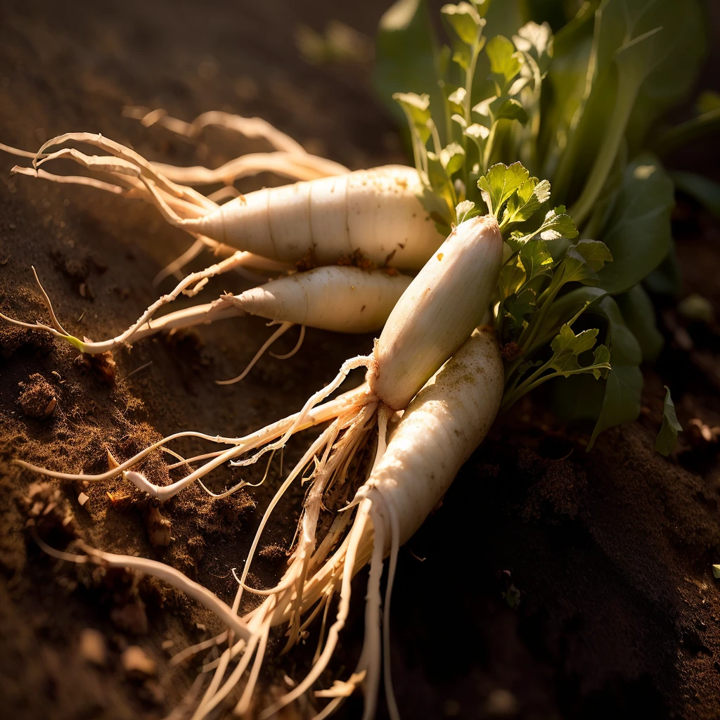 there are two white radishes with green leaves on the ground, Crisp detailss, Perfect refreshing sunshine, Rich details, Crisp and sharp, Soft light, Warm light, Perfectly crisp light, esthetic photo, Close-up photosgraph, radishes毛, Root system, Height Rendering, Crisp details, Close-up photos, Organic matter, radishes, Paul Batson, Superior quality, High-quality photos