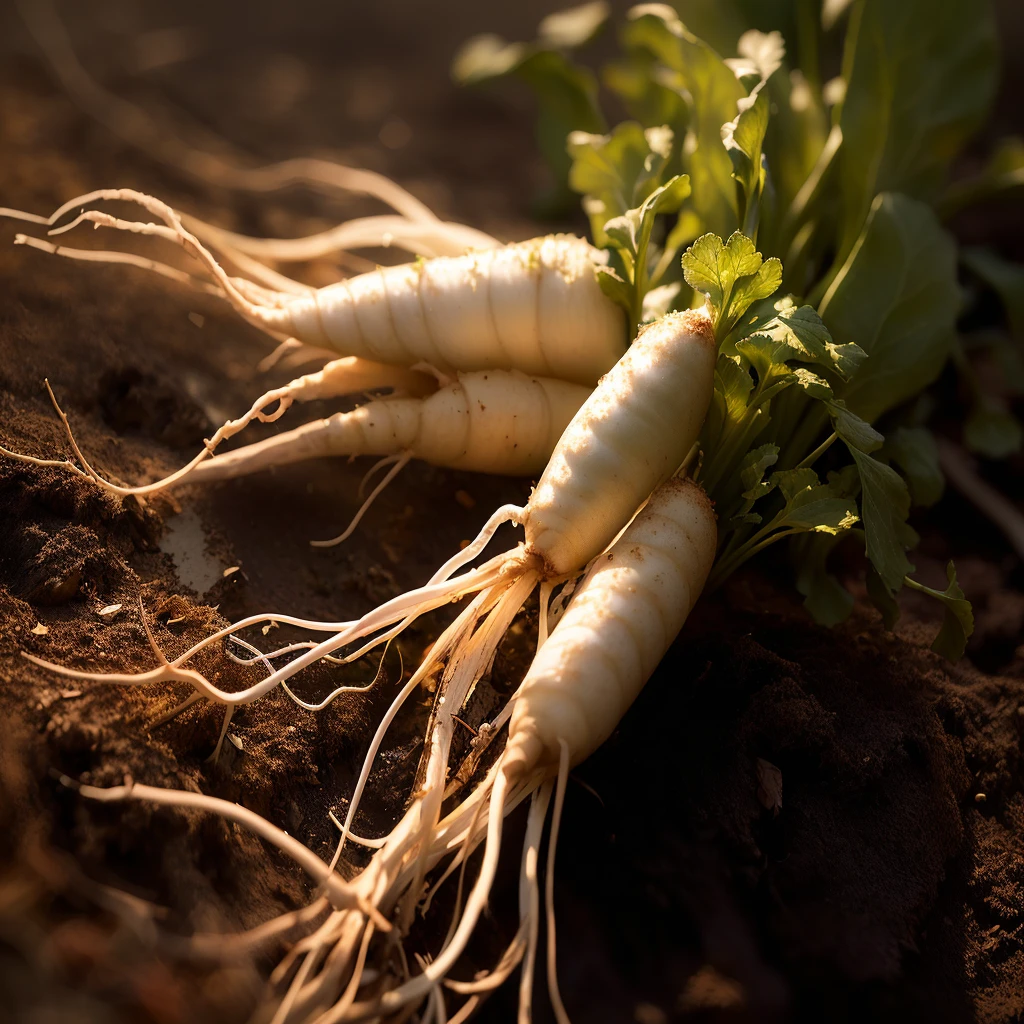 there are two white radishes with green leaves on the ground, Crisp detailss, Perfect refreshing sunshine, Rich details, Crisp and sharp, Soft light, Warm light, Perfectly crisp light, esthetic photo, Close-up photosgraph, radishes毛, Root system, Height Rendering, Crisp details, Close-up photos, Organic matter, radishes, Paul Batson, Superior quality, High-quality photos