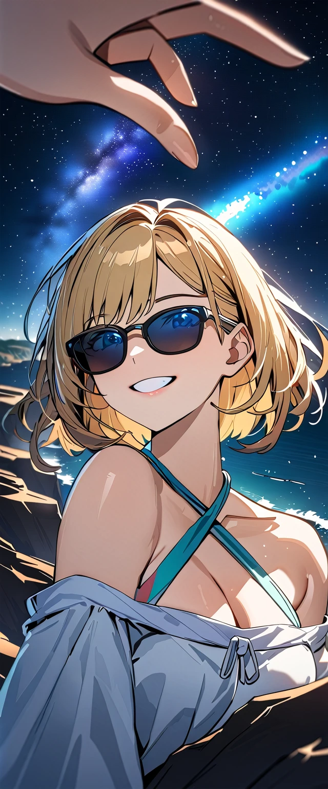 ((grin)), ((off-shoulder dress:1.3, criss-cross halter)), ((sundress)), ((cleavage)), ((blond hair, bob cut:1.3)), ((sunglasses, hand to sunglasses)), (((from side))), ((((upper body)))), bare legs, (()), (((a beautiful starry sky, the Milky Way shining beautifully in the night))), ((sitting on the very high cliff)), wavy hair, inward curled hair, ((sea, nature)), breasts, teenager, (looking at viewer), puffy long sleeves, collarbone, head tilt:1.3, (((blue eyes))), happy smile, (((anime style))), (best quality, 4K, 8K, highres, masterpiece:1.2, ultra-detailed, ultra-detailed eyes, HDR, uhd, studio lighting, ultra-fine painting, sharp focus, physically-based rendering, extreme detail description, professional, vivid colors, bokeh)