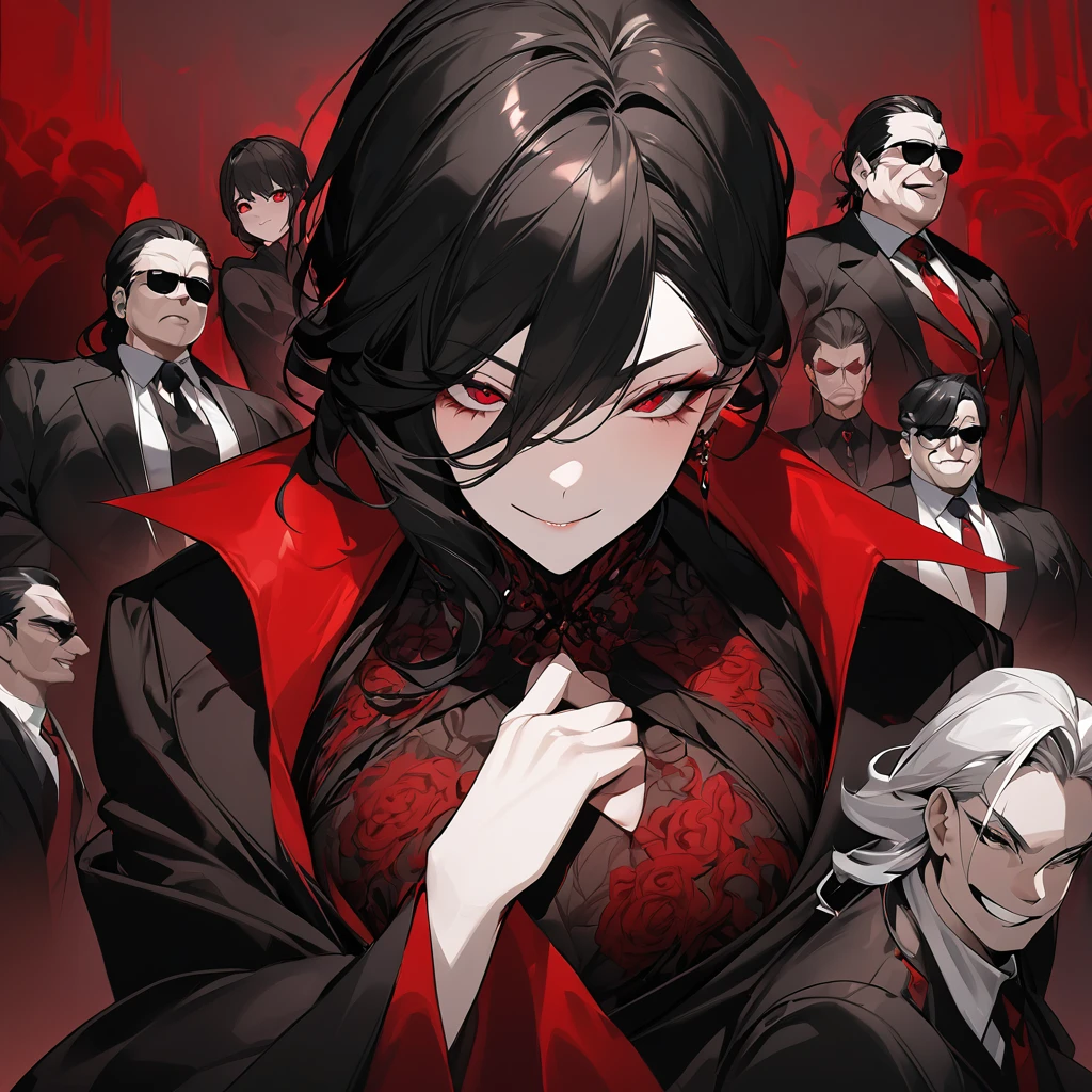 A composed white woman, mature, black hair, Aristocrat mafia boss, dressed in a full composed dark red gown that covers her entire body, ruthless expression with a smile on face, dark modern background, opulent house settings. SFW image.