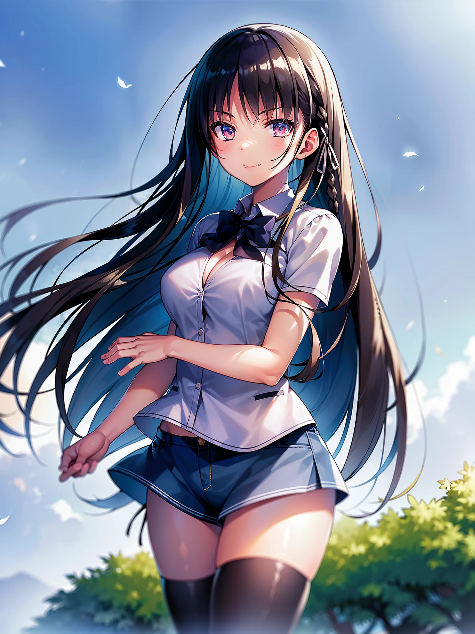 (8K, Highest quality, Highest quality, masterpiece), standing, 1girl, fullbody, solo, cowboy shot, aasuzune, long hair, black hair, (single braid:1.2), hair loose in the wind, leafs in the air, summer ambient, mini top, black thighhighs, smile, Denim short shorts, school, outdoors, large breasts, cleavage