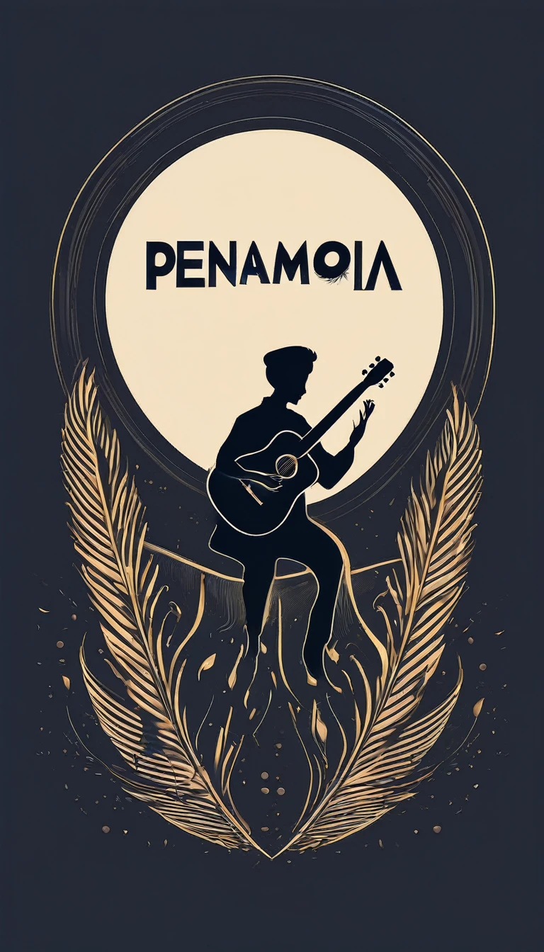 A minimal, modern, simple, cinematic logotype for the brand “Penamemoria". The logotype must be a simple, magical feather and a boy playing acoustic guitar. The logo must convey a sense of music, stories and dreams. Logo design impressed on a book cover. Minimalistic logo