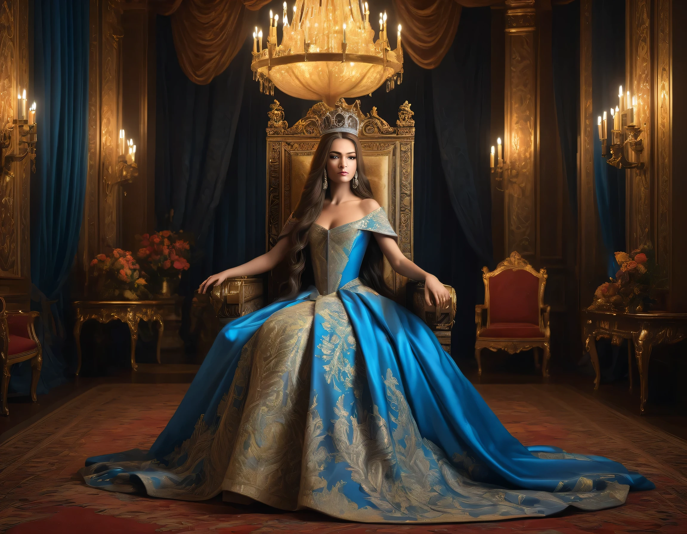 A beautiful young queen, elegant facial features, Long flowing hair, detailed crown, detailed royal dress, Impressive Throne Room, ornate furniture, elaborate chandelier, dramatic lighting, Cinematic Camera Angle, highy detailed, photorrealistic, 8K, work of art, oil painting, swirly vibrant colors, chiaroscuro lighting