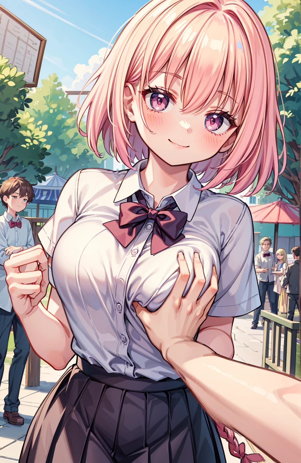 masterpiece, Highest quality, High resolution,(throw_hand grabbing chest),,One girl, One boy,Age difference,bow tie,Blonde,chest,Long Hair,Pink Hair,pleated skirt,Tucked in shirt,short hair,skirt,smile,Tent shirt,amusement_garden,breasts grab