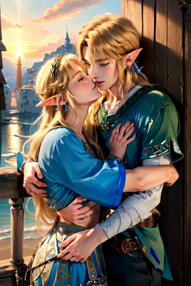 ((artwork)), (Highest quality), (detailed), ((1 boy)), (Link to the Legend of Zelda), smile, A short blond, blue-eyed boy and a long-haired, blond girl are hugging each other、Seaside Village、Beautiful sky、Sunset、kiss