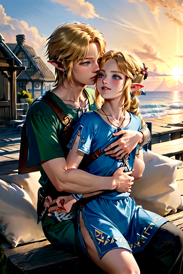 ((artwork)), (Highest quality), (detailed), ((1 boy)), (Link to the Legend of Zelda), smile, A short blond, blue-eyed boy and a long-haired, blond girl are hugging each other、Seaside Village、Beautiful sky、Sunset、kiss