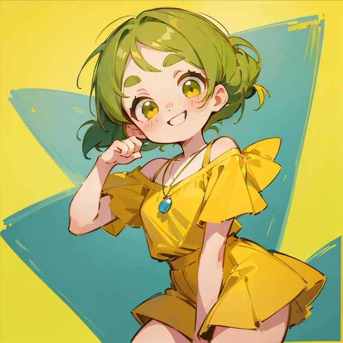 (masterpiece, Highest quality:1.2), (2 head body chibi character:1.1), Yellow-green hair, Chignon Hair, Top of the head, Yellow-green eyes, Wink, Yellow off-shoulder blouse, Denim shorts, Short bangs, Thick eyebrows, Round necklace, A gentle atmosphere, smile, Cheering Pose, View your viewers, (Photo studio with blue background:1.0)