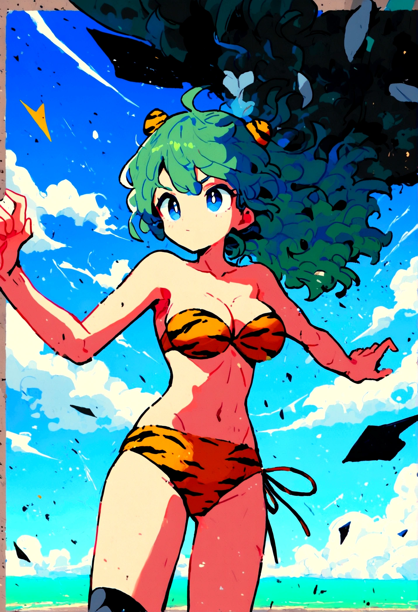 (score_9, score_8_up, score_7_up), masterpiece, best quality, absurdres, unity, 8k, wallpaper, hi res, highly detailed face, highly detailed eyes, blue eyes, perfect anatomy, super detailed skin, (outdoors, beach, seaside, beautiful landscape, island, 1980s style, anime style, (full body), (dynamic angle, dynamic pose:1.3), (lum:1.5), 1girl, (flying:1.3), floating in air, floating under seabeach, animal print, strapless_bikini, breasts, (intricate details:1.4), cleavage, large breasts, (two-tone hair, green hair, black hair:1.1), floating hair, groin, small horns, (cowboy shot), looking at viewer, navel, print bikini, (solo:1.3), swimsuit, tiger print, tiger stripes, (electrokinetic, electricity:1.3), 1girl, lightning shooting from hands, epic fantasy scene, dark ominous clouds, dramatic lighting, detailed facial features, high quality, cinematic composition, dramatic atmosphere, digital art, concept art, 8k, ultra-detailed, professional rendering, dramatic color palette, dynamic pose, cute doodle,