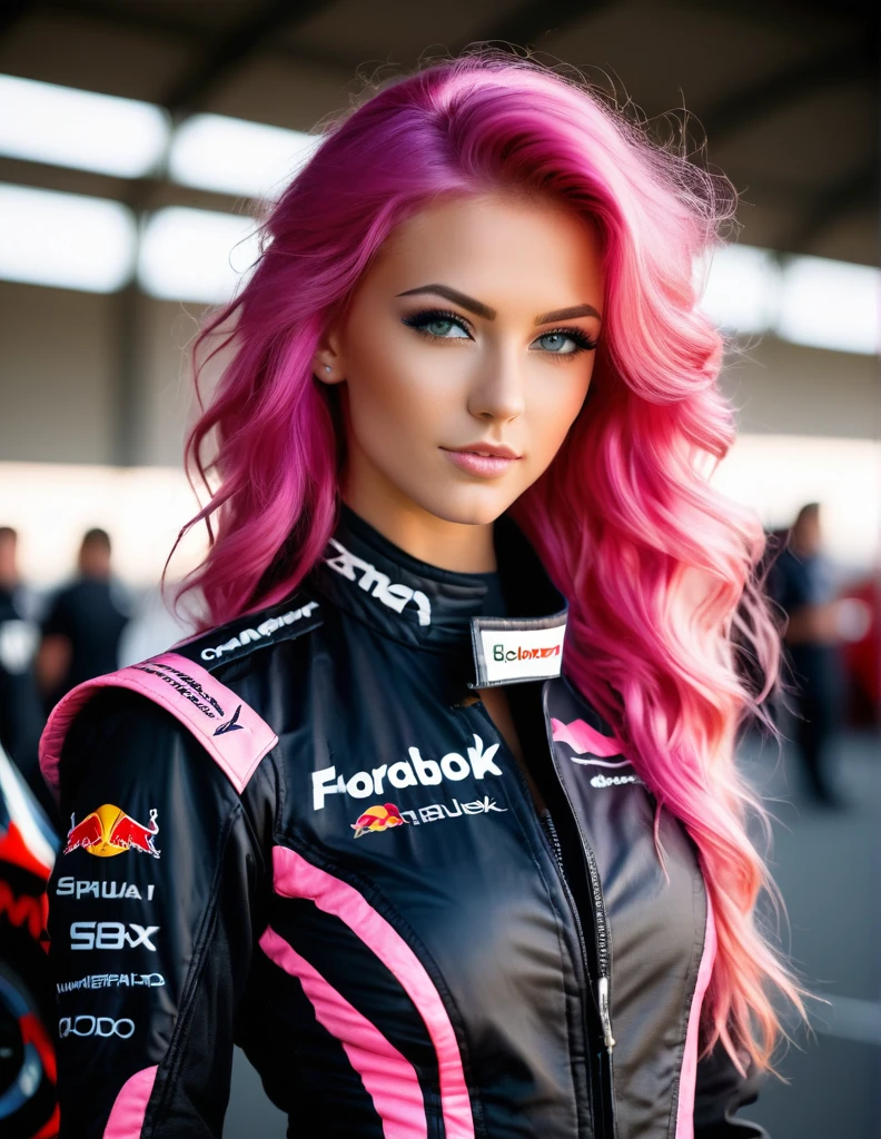 very attractive 25 year old girl with long wavy bright pink hair, ((formula 1, motor sport, beauty paddock girl)), monsters energy girls, ((wears a top)), studded collar, Beautiful girl with accentuated slender abs: 1.4, Sixpack Bauchmuskeln: 1.4, Bust Botox, Foto, Sharpness, Unikat 850 4, Koda850 k portrait camera, Formel 1.6 Linsen, Ultra-realistische Texturen, spectacular light textures, Cinestil 800 Modemechanik, (Futuristische Sci-Fi-Kampfmode, Ellbogen- und Knie-Cyberpad, Cyber Lange Stiefel,