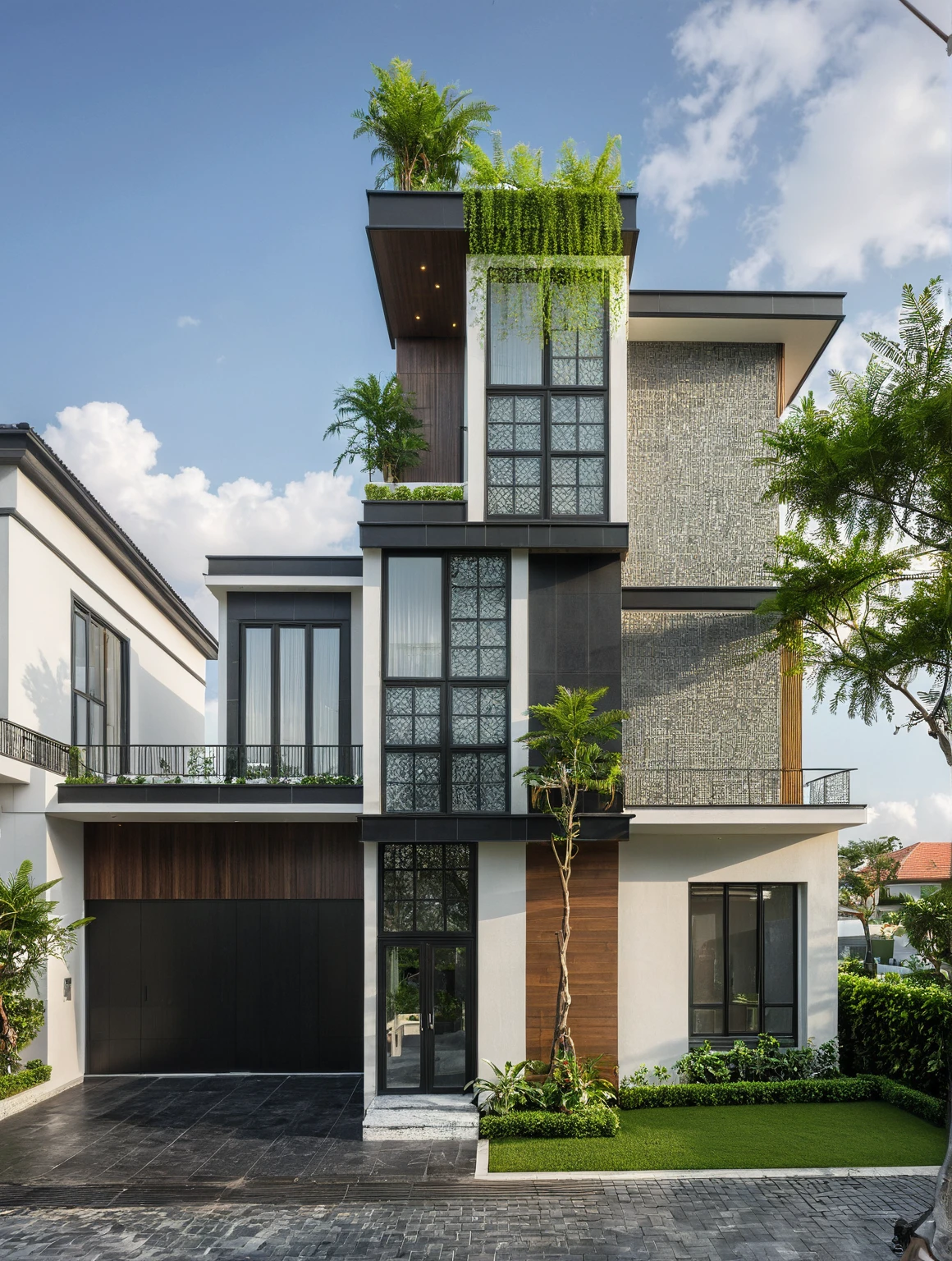modern villa on street, (daylight), tropical tree, (slope roof, black tiled roof:1.2), vivid color, streetcapes, nice sky, grey tone, large glass door, warm interior lighting, modern material, best quality, ultra realistic, masterpiece, 17ArchiAI_XL_VL-v1