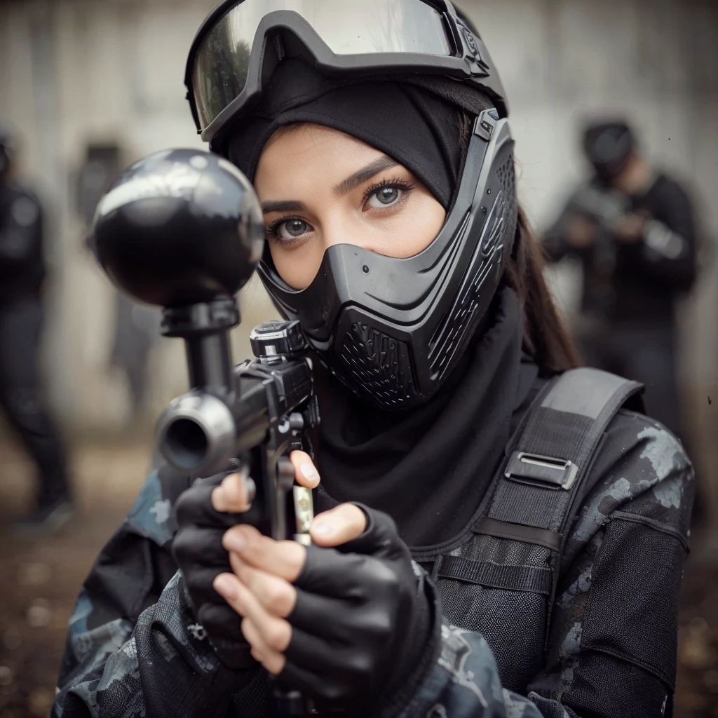 close up image, a woman wearing a black paintball uniform, wearing a goggles, wearing black helmet, holding a marker paintball , the woman is shooting at his enemies in the paintball arena, the blurry background shows the atmosphere of a paintball arena in a field, realistic, cinematic, very detailed, very complex