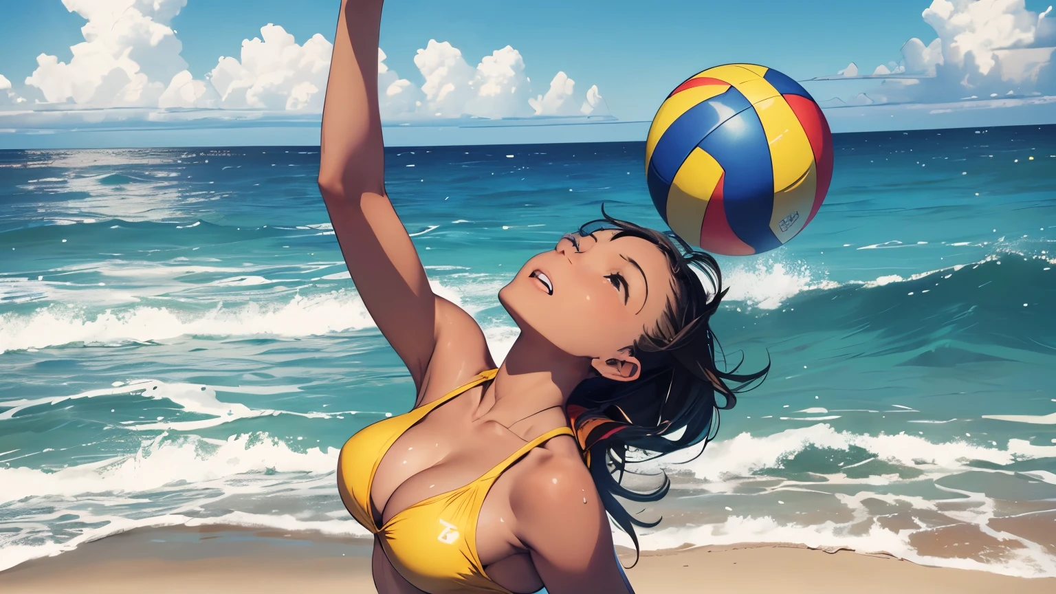 Highest quality, Highest quality, 16K, Unbelievably absurd, Very detailed, delicate and dynamic, Natural light, The particles reflect the rainbow colors, Diffuse reflection of light, Many rainbow-colored petals fall, 美しいSandy Beach, Sparkling sea surface, 海面にDiffuse reflection of light, Create amazing image effects, Full body close-up, Beach Volleyballコート, Beautiful Landscape(, Cute sexy girl, Big swaying breasts, Sensual expression, Passionate, Dynamic, enthusiasm, Severe, Beach Volleyball, Flashy swimsuit, Sweat, Sandy Beach, Swimwear is see-through), Beach Volleyballをする, Intense exercise, Jumping for the ball, jump