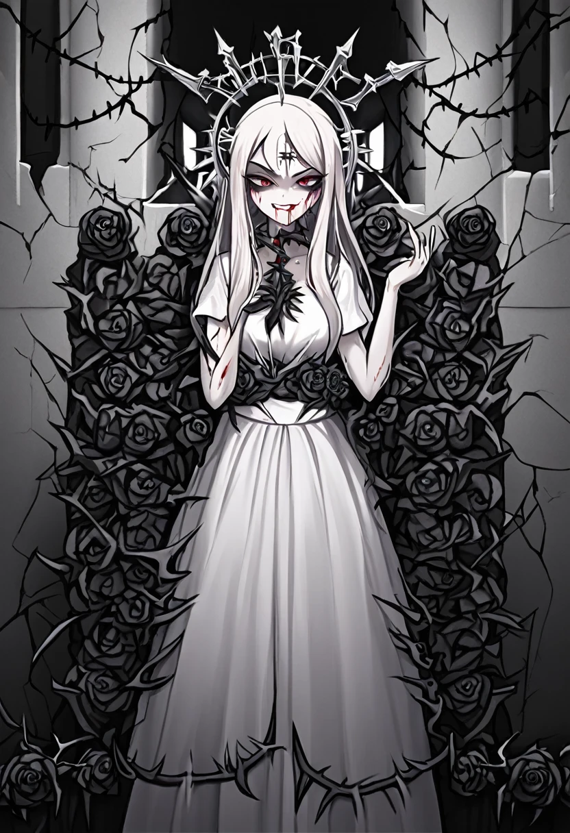 A pale-skinned white-haired girl with gray tones wearing a crown of thorns, from which small drops of blood fall, running across her forehead. Her eyes are completely dark, with an empty expression and a weak smile on her face. She wears a short white dress that reaches her knees. Several silver roses adorn her body, while sharp-thorned roots resemble necklaces, wrapping around her hands and waist. The setting is a ruined church, with cracked walls and broken windows, where light timidly enters. Next to her is an altar holding a cross adorned with several roses. The atmosphere has a melancholic and mysterious air, highlighting the loneliness and the contrast between the girl's beauty and pain.