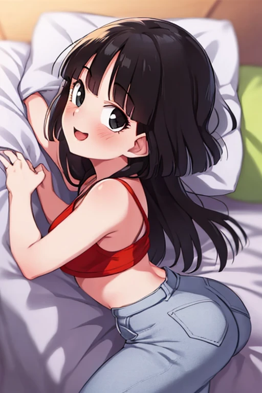 20 year old girl with short black hair, super beautiful., defined body, Wide hips, half , big butt, looking at the viewer, red top, very short jeans, pov sex, excited face, blushing