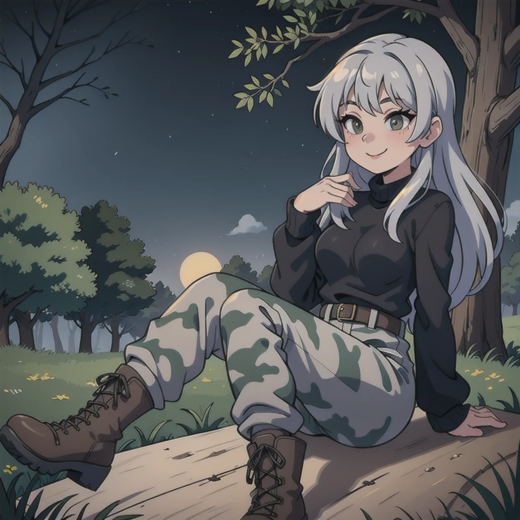  sexy Girl wearing black sweaters, gray camouflage pants, seductive smile,army boots, forest night,
