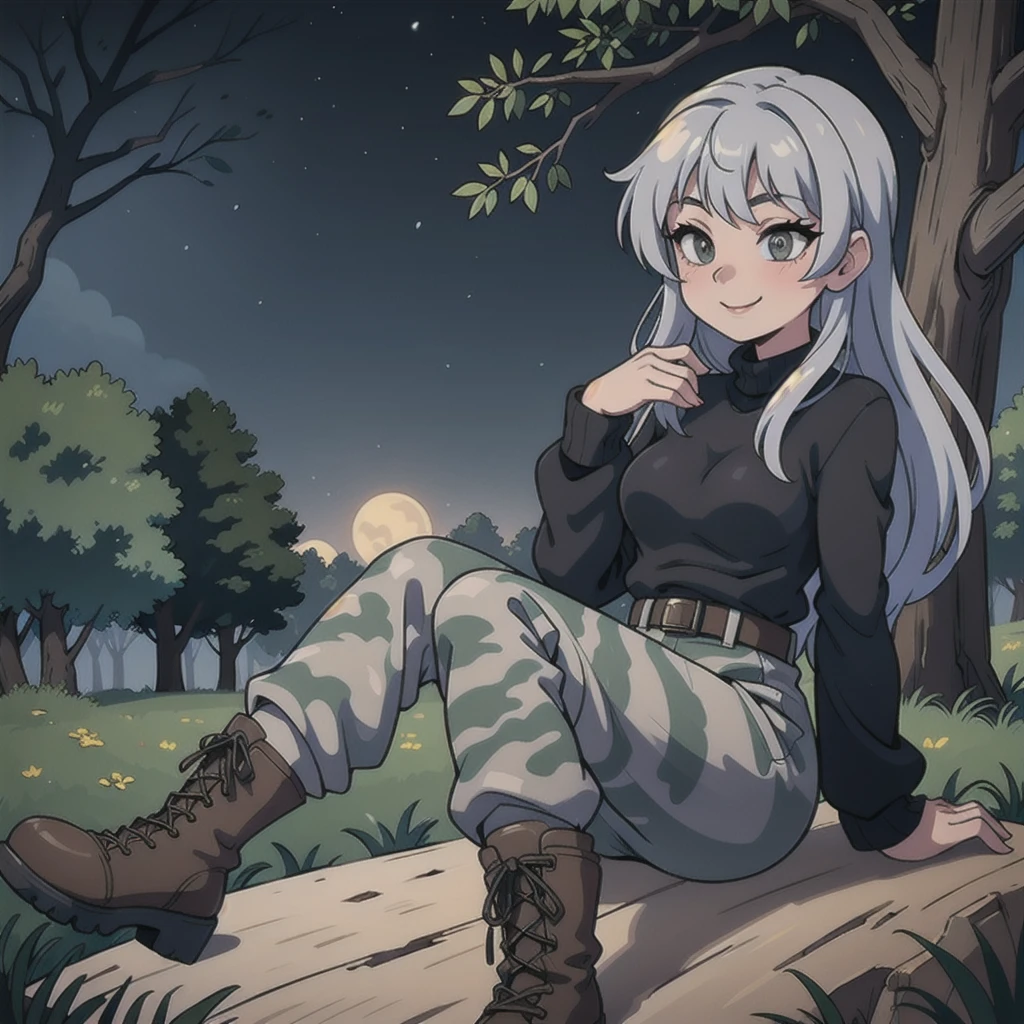 sexy Girl wearing black sweaters, gray camouflage pants, seductive smile,army boots, forest night,