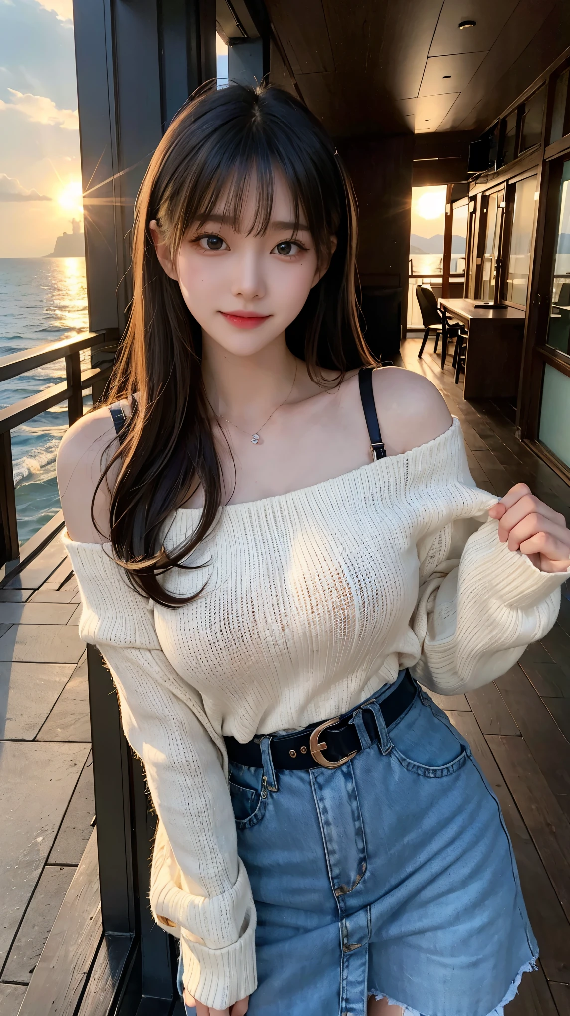 the sky turns red、Luxurious off-shoulder、환하게 laugh、wet white t-shirt and jeans、、light brown hair、elegant hairstyle、blue eyed woman、Cute girl looking upwards、When the sky gets dark、the sky turns red as the sun sets、Tight clothes that reveal the body line、、elegant summer knitwear、elegant summer sweater、Leather belt、short skirt、dress elegantly着こなす、Luxury Bagedium Shorthair:1.4))、the sun shines on her、light brown hair、light brown hair、The sky turned red、There are clouds、private's cute、彼女のvoluptuous breastsは服の上からでも明らかです.、輝く太陽はとてもbeautiful、dusk is approaching、lens flare、I can see the sunset、((Sunlight reflecting off the sea、seascape、the sun shines on the sea、'beautiful.、Small earrings、private'dinner、Birds fly too、、brunette hair color、Hair tying、the woman is on the right:1.4))、Luxury Leather belts、shiny clothes、light beige hair color、blur background、Please braid only the bangs..、light brown hair、{{Cowgirl Shot}}、((Upper body close-up shot、voluptuous breasts:1.4))、にっこりlaugh、Silk clothing、服からでも分かるvoluptuous breasts、Please braid only the bangs..、cowboy shot、Gorgeous white collar silk shirt and brown skirt、dress elegantly、luxury bag、素敵なlaugh、((voluptuous breasts))、full body photo、ring、short skirt、Tuck your hair behind one ear、Silver Necklace、laugh、 elegant ponytail、fire boat、very detailed photos、Very beautiful and ideal short hair、Super no makeup、(8K、RAW photos、best quality、masterpiece:1.2)、(realistic、realistic)、1 girl、((medium short hair、looking at the camera:1.4))、hair blowing in the wind