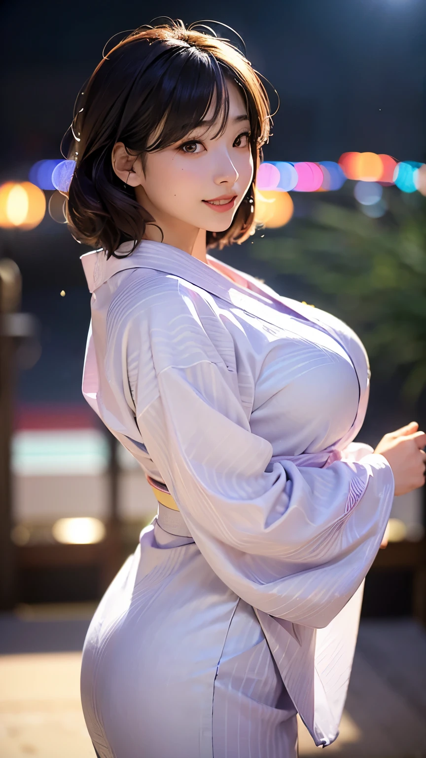 (logo、masterpiece、8K、Tabletop、RAW Photos、wonderful、最high quality、フォトリアリスティックでVery detailedな CG 複合 8K 壁紙、high quality、Very detailed、Narrative poem、Particle Effects、Dynamic Effects、Depth of the Boundary、Cinematic Light、Lens flare、Ray Tracing)、 (One beautiful woman wearing a yukata、White yukata、Light purple pattern)、Black-haired、High definition skin、Very fine、Fine skin texture、Beautiful Face、True Face、Beautiful details in the eyes、Realistic eyes、Beautifully detailed eyes、Realistic Skin、Beautiful Skin、Surreal、Smiling Eyes、Hair and light eyes、vivid、Colorful lights and bokeh、plump lower lip、Pink Lips、Hair flutters in Wind、Hair bounces、wonderful景色、night、evening、Wind、moonlight、moonlight、light