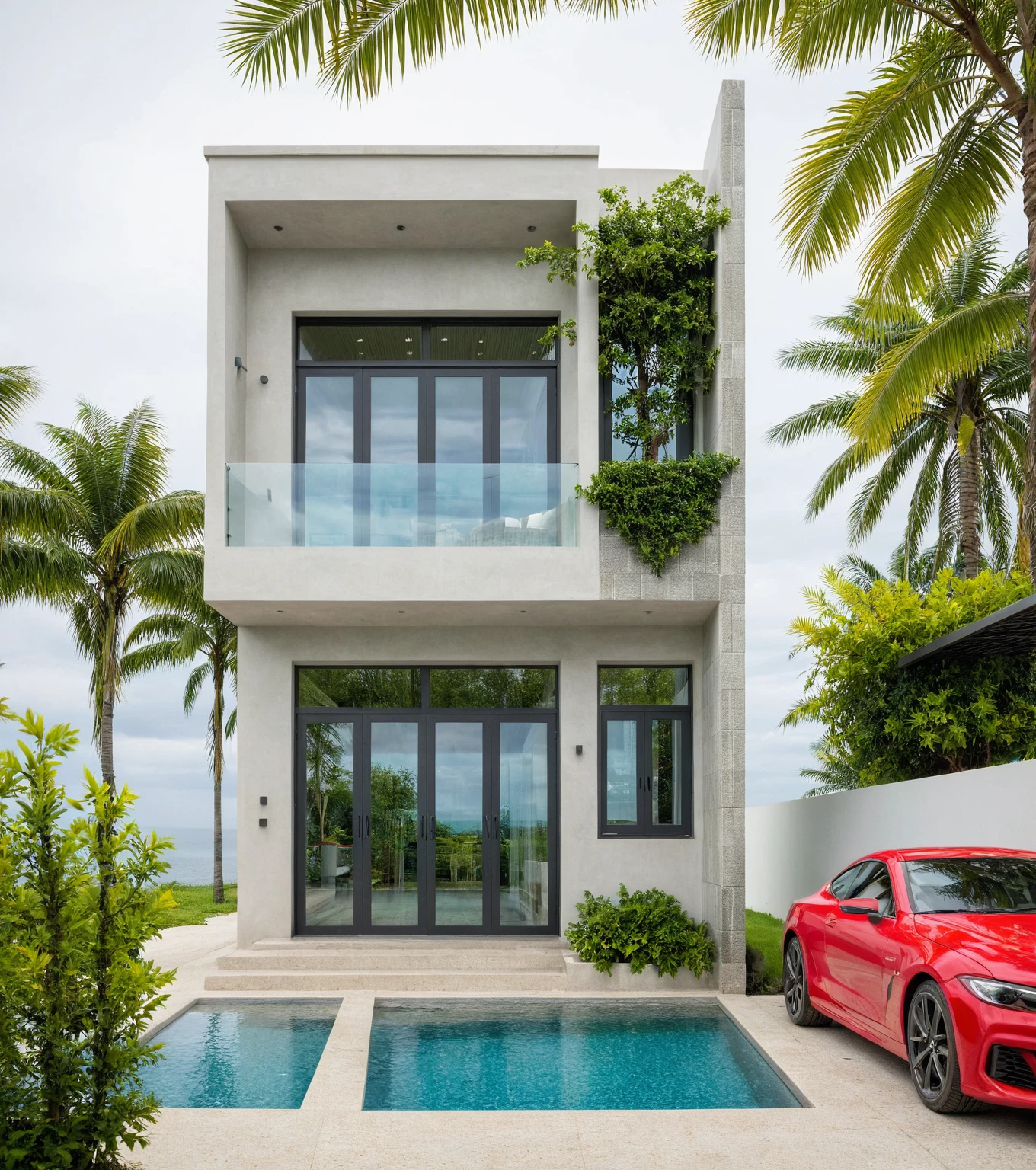 A wide angle shot shows the front view of a contemporary two-story villa with white walls and glass windows, design by Tadao ando,surrounded by lush greenery. It features an outdoor pool area overlooking the ocean at natural light. Stone pathways lead to multiple pools within the yard, adorned with vibrant tropical plants,architecture photography award, iwan baan, Taken on a Canon EOS R5 using a Canon RF 24-70mm f/2.8L IS USM lens at an F3.2 aperture setting in the style of Canon --ar 16:9 --c 5 --s 50 --v 6.0