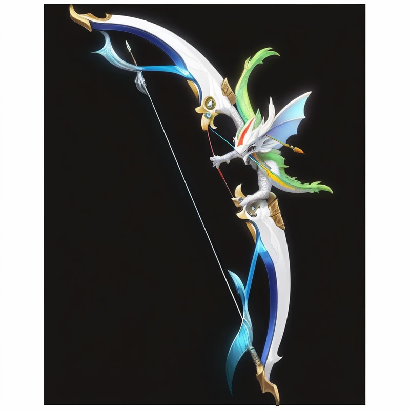 a close up of a Bow and Arrow with a dragon on it, magical longbow, Bow and Arrow手, Decorative bow, sword鹿角, Fantasy Scythe, hold mechanical Bow and Arrow, Bow and Arrow, Short bow, longbow, sickle design, with Bow and Arrow, sword, Concept art of Omegamon, Fantasy weapons