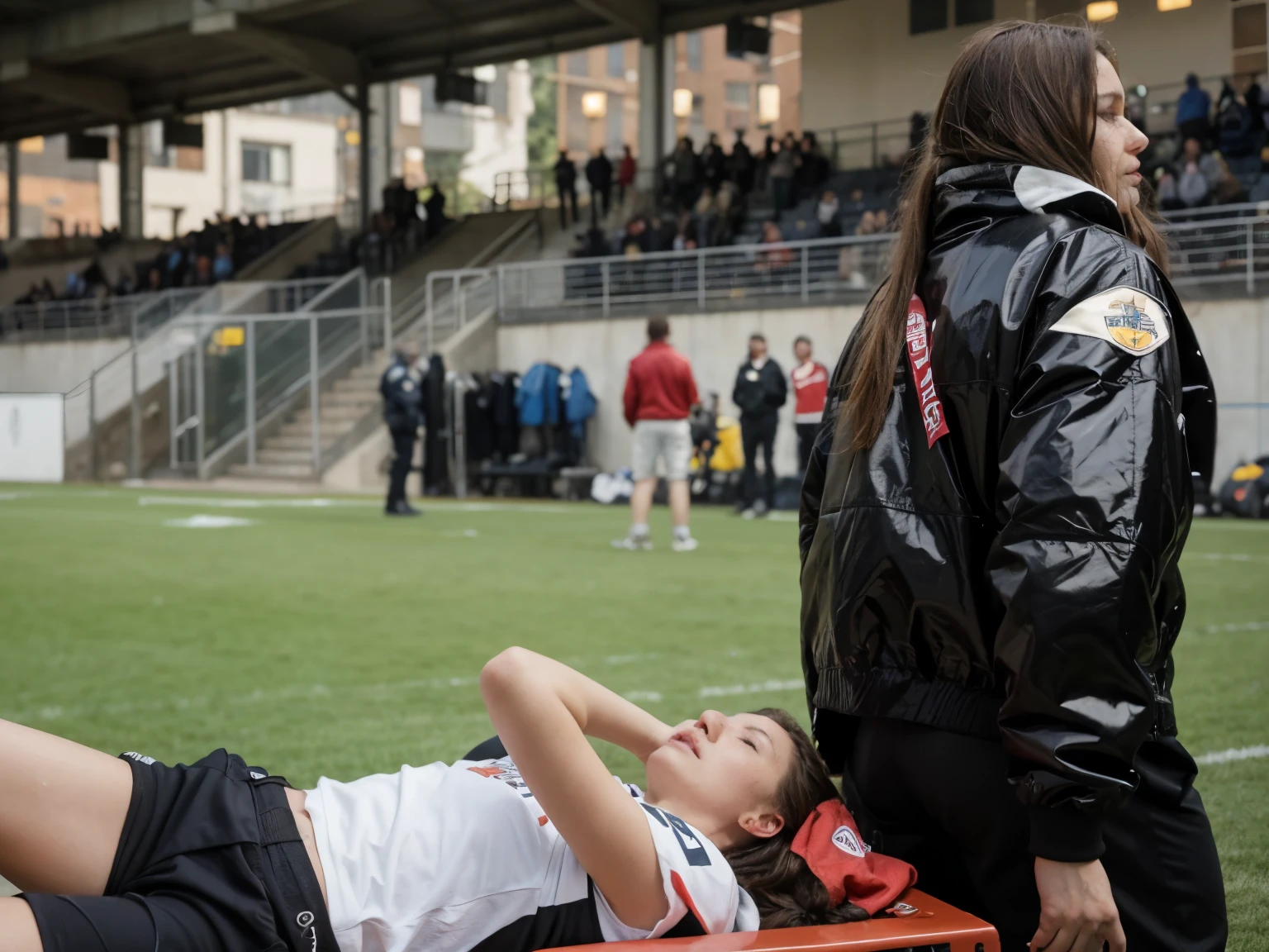 there lies a young injured athlete on a stretcher on a field after a foul, a highly attractive middle-aged woman wearing a high-gloss patent leather jacket, a long-haired middle-aged woman wears a high-gloss down jacket, A middle-aged woman in a shiny down jacket carries a stretcher on a sports field, sad scene, very sad, football hooligans, clip stadio, person in foreground, over-shoulder shot, intense scene, real shot, von Francesco Raibolini, dramatic scene, aesthetic shot, on ground, a long-shot, dramatic shot, breathtaking shot, realistic shot, candid shot