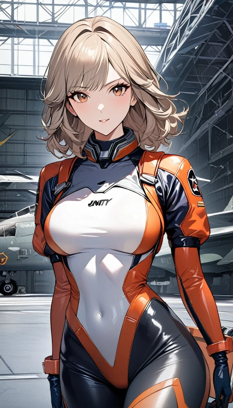 (((master piece Highest quality Unity 16k))),(((tight pilot suit))),1 woman,(Veteran female pilot),dignified expression,(((fighter hangar))),cowboy shot,