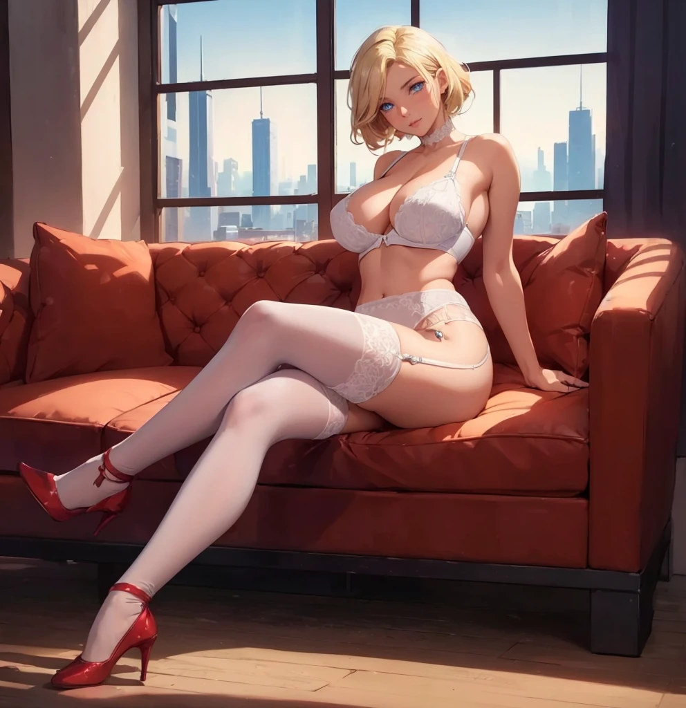 ((1girl, solo)), mature female, beautiful body, (perfect anatomy, perfect body, perfect hands, perfect legs), (five fingers:1.5), natural proportions, sexy body, large breasts, cowboy shot BREAK
((extremely detailed face)), (beautiful detailed eyes:1.6), (realistic pupils, realistic iris:1), expressive eyes, looking at viewer, (clear eyes:1.3), (hyperrealistic:1.2), (detailed skin texture:1.2), smooth skin, (blonde hair:1.5), blue eyes, (detailed lips:1.2), (attractive lips:1.1), (glossy lips:1.1), smile, perfect face, perfect eyes BREAK
underwear only, collarbone, cleavage, white bra, white panties, garter belt, lingerie, white thighhighs, red footwear, high heels BREAK
(masterpiece:1.5), anime-style, top quality, best quality, (beautiful and aesthetic:1.2), (ultra detail:1.5), Ultra-detailed depiction, Ultra-precise depiction, extremely detailed 8k illustration, high resolution, (highly detailed shading:1.2), (realistic lighting:1.4), perfect lighting, vibrant colors, dynamic tones, striking hues, 8k, absurd resolution, perfect shadows, hdr, UHD, ambient lighting, realistic, ultra-realistic, photo realistic, highly detailed, rich detail, luminous colors, fine texture, intricate design, professional illustration, (soft light:1.2), (illustration:0.7)