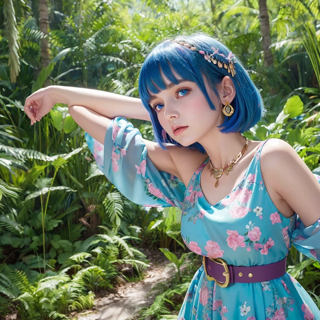 a girl with blue bob haircut and pink bangs, large expressive blue eyes, wearing a pink floral dress with gold belt and blue gemstone, teardrop earrings and necklace with blue gemstone, set in a lush green forest, colorful and whimsical animated style