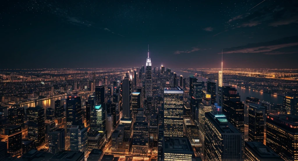 Create an illustration of a bustling city at night, with tall buildings illuminated by streetlights and neon signs. The night sky is clear, and stars sparkle brilliantly above the cityscape. Skyscrapers with reflective windows capture the glow of the city lights. Some buildings have rooftop gardens with faint, twinkling lights.Use a palette of deep blues and purples for the sky, and bright, warm colors for the city lights to create a vibrant, lively atmosphere.sun set.