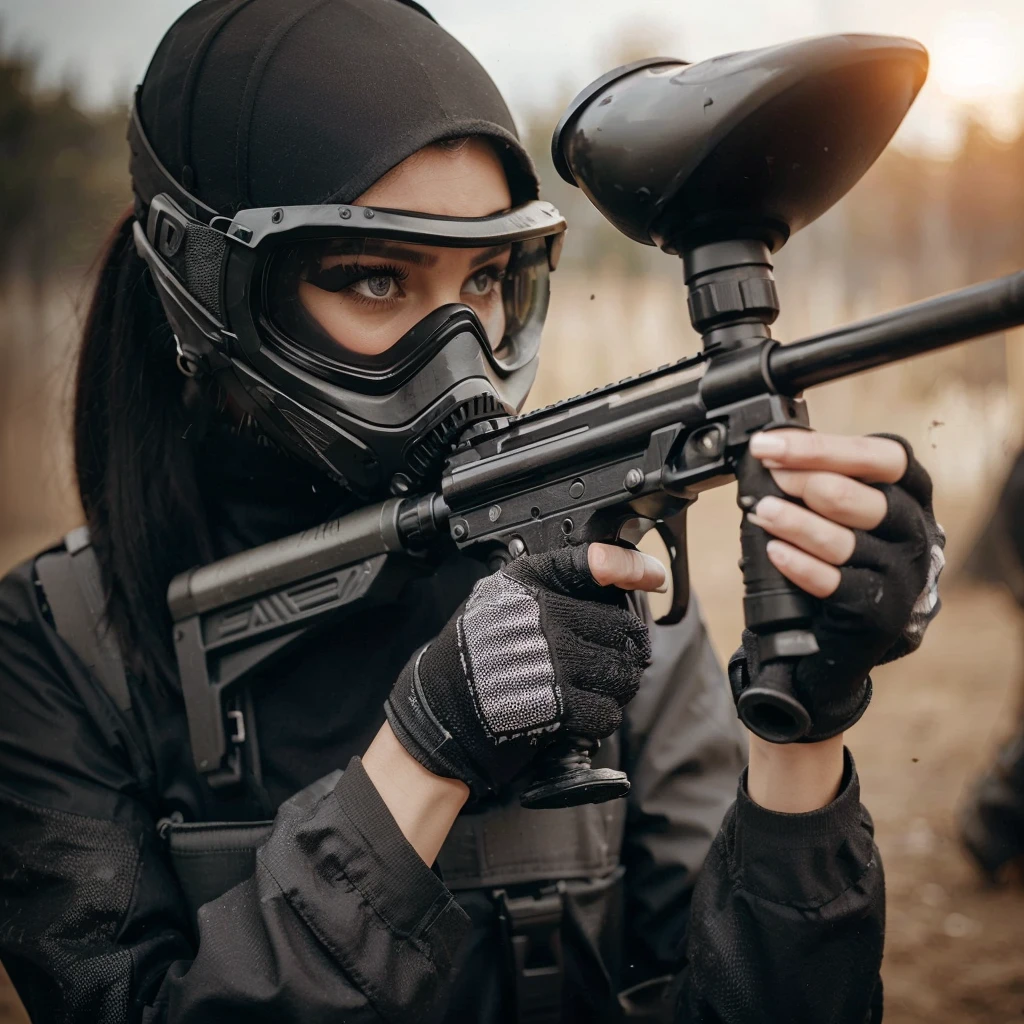 close up image, a woman wearing a black paintball uniform, wearing a goggles, wearing black helmet, holding a marker paintball , the woman is shooting at his enemies in the paintball arena, the blurry background shows the atmosphere of a paintball arena in a field, realistic, cinematic, very detailed, very complex