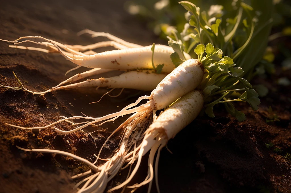 there are two white radishes with green leaves on the ground, Crisp detailss, Perfect refreshing sunshine, Rich details, Crisp and sharp, Soft light, Warm light, Perfectly crisp light, esthetic photo, Close-up photosgraph, radishes毛, Root system, Height Rendering, Crisp details, Close-up photos, Organic matter, radishes, Paul Batson, Superior quality, High-quality photos