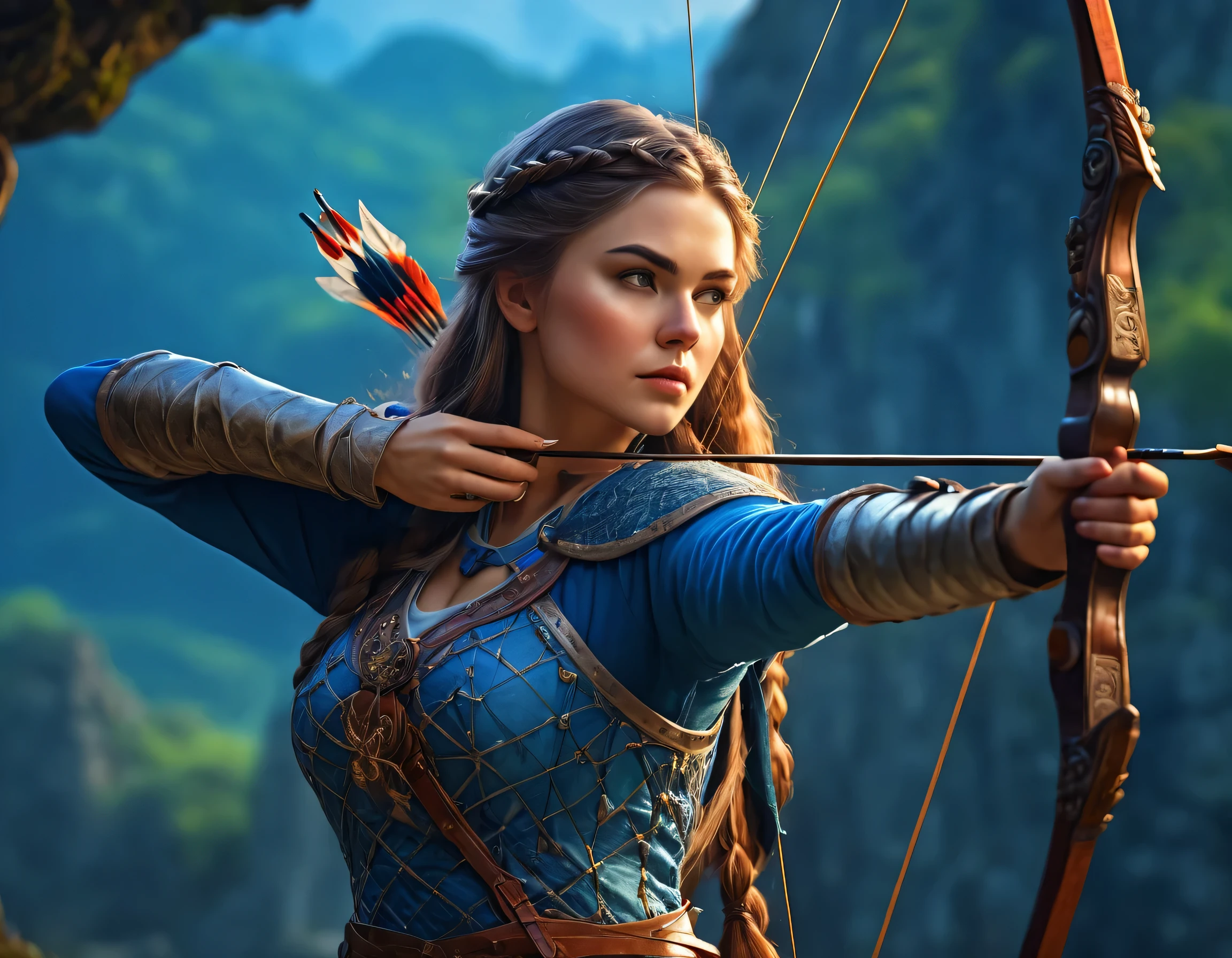 a beautiful archer woman, long detailed hair, detailed facial features, elegant bow and arrow, detailed clothing, medieval fantasy, cinematic lighting, dramatic atmosphere, swirly vibrant colors, detailed back ground, details Intricate, photorrealistic, high resolution, 8K, best qualityer, work of art