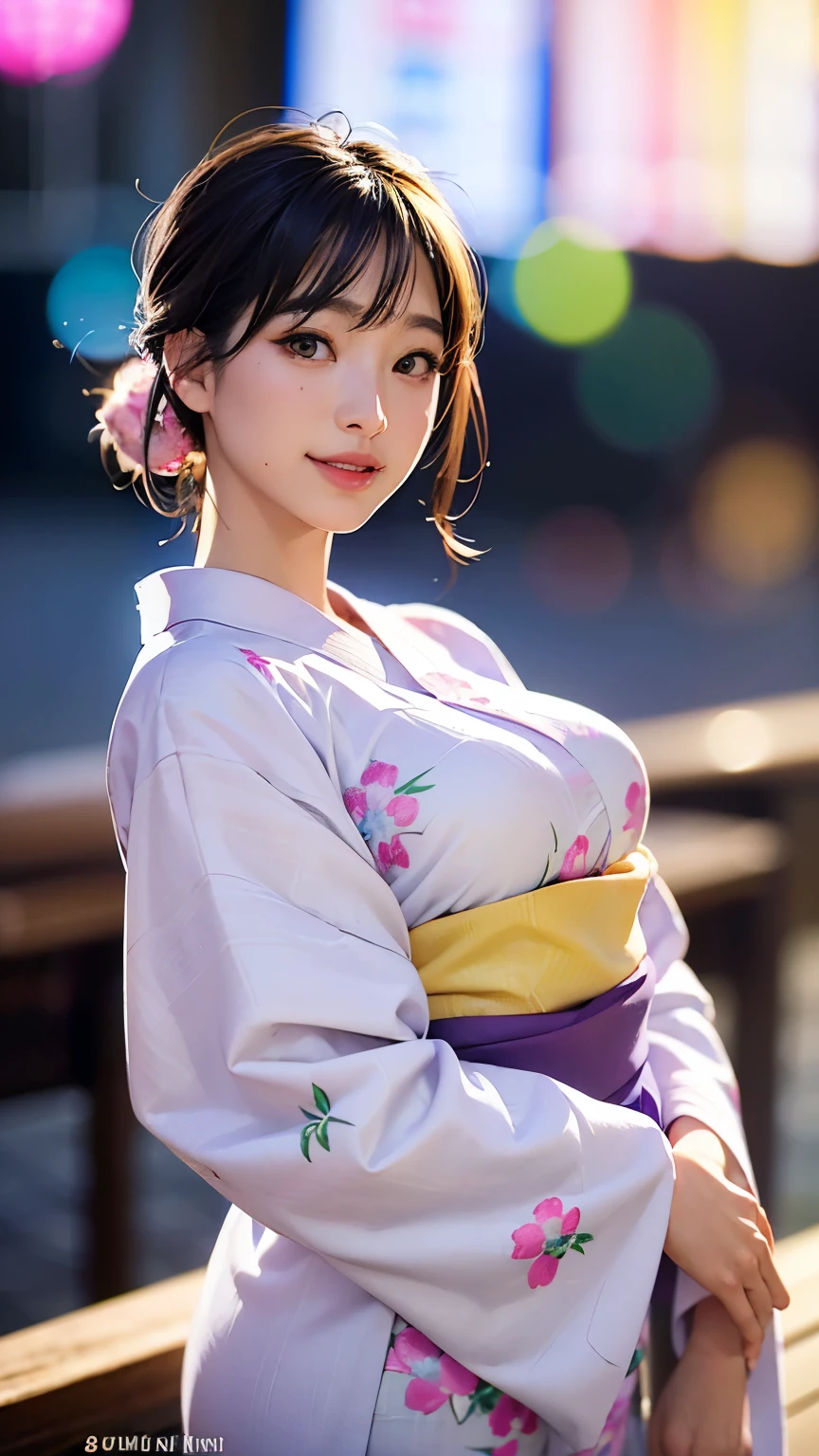 (logo、masterpiece、8K、Tabletop、RAW Photos、wonderful、最high quality、フォトリアリスティックでVery detailedな CG 複合 8K 壁紙、high quality、Very detailed、Narrative poem、Particle Effects、Dynamic Effects、Depth of the Boundary、Cinematic Light、Lens flare、Ray Tracing）、 (One beautiful woman wearing a yukata、White yukata、Light purple pattern)、Black-haired、High definition skin、Very fine、Fine skin texture、Beautiful Face、True Face、Beautiful details in the eyes、Realistic eyes、Beautifully detailed eyes、Realistic Skin、Beautiful Skin、Surreal、Smiling Eyes、Hair and light eyes、vivid、Colorful lights and bokeh、plump lower lip、Pink Lips、Hair flutters in Wind、Hair bounces、wonderful景色、night、evening、Wind、moonlight、moonlight、light