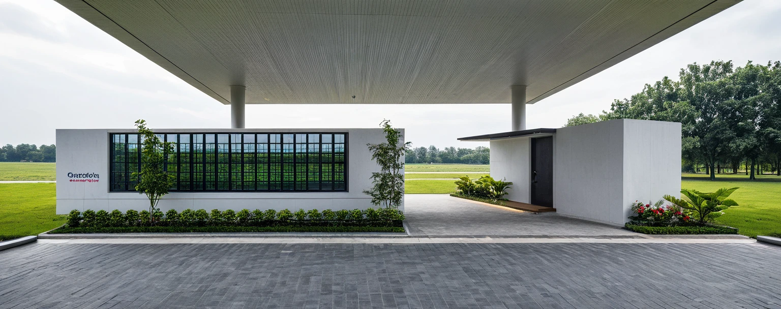 The modern company gate features a sleek and minimalist design, combining metal and glass elements for a contemporary look. The entrance is wide and automated, equipped with advanced access control systems to ensure security. Adjacent to the gate is a compact security room, strategically positioned to monitor all incoming and outgoing traffic. This room is equipped with state-of-the-art surveillance technology, including multiple screens displaying live camera feeds, communication devices, and an ergonomic workstation for the security personnel. The overall design prioritizes both functionality and aesthetics, providing a welcoming yet secure entry point to the company premises, sky, cloud, (daylight:1.1)