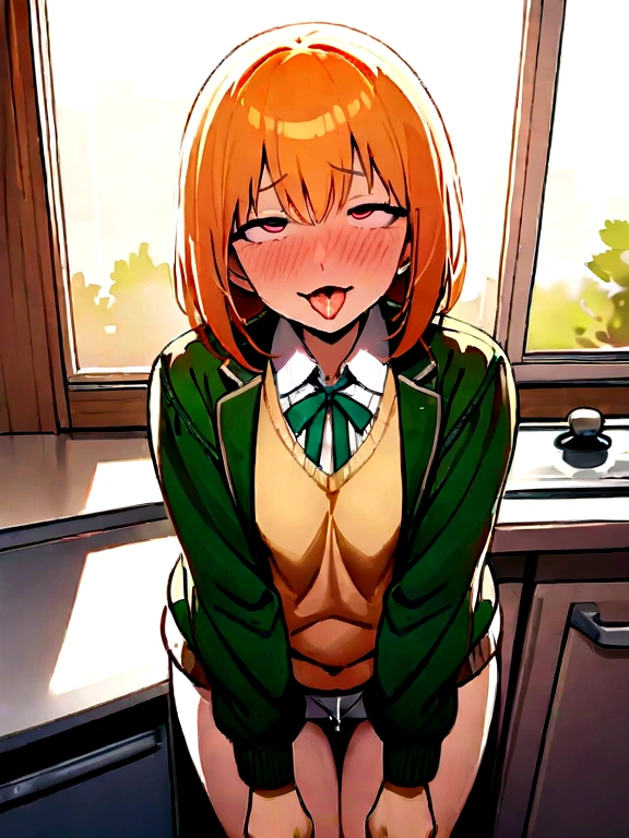 masterpiece, Highest quality, Highest quality, One girl, yotsuba, (smile), (Green ribbon), Sweater vest, Jacket, (Apartment), (kitchen), Light of the sun, (Messy)、((orgasm、aroused、ahegao))